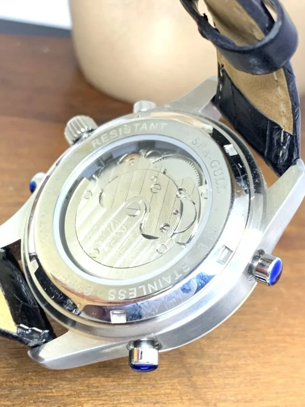 Seagull Men's Watch Automatic Blue Dial Triple Calendar Black Leather Strap 41mm